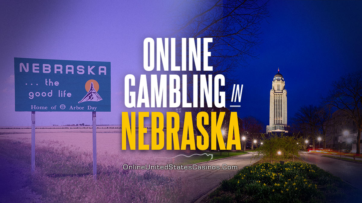 Featured image for a webpage detailing Arkansas Gambling laws and legal venues. The image depicts the title "Online Gambling in Nebraska" while displaying gambling imagery allusive to NE in the backdrop.