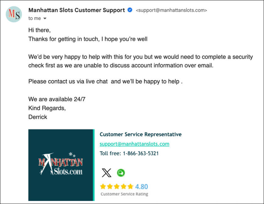 Email Manhattan Slots Customer Support