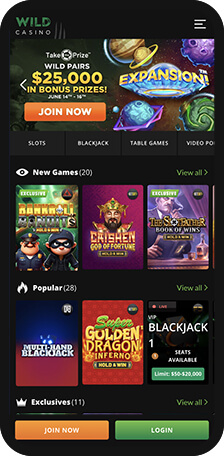 Wild Casino Homepage Mobile