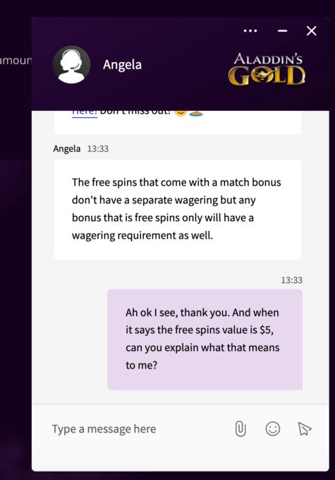 Aladdin's Gold Casino Support Chat 1