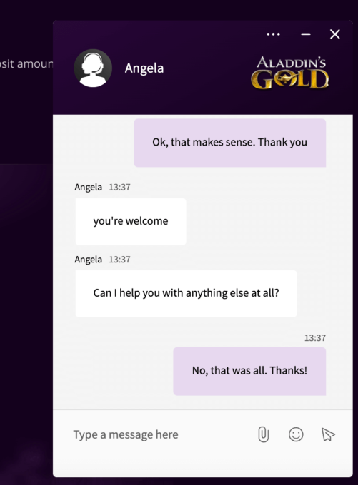 Aladdin's Gold Casino Support Chat 3