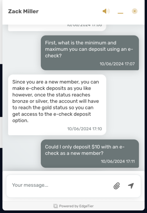 High Roller customer service chat screenshot 1
