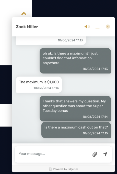 High Roller customer service chat screenshot 2