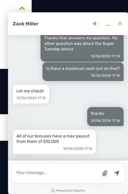 High Roller customer service chat screenshot 3