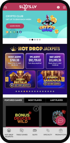 Slots.LV homepage screen on mobile display
