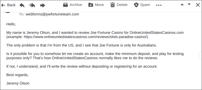 Email to Joe Fortune