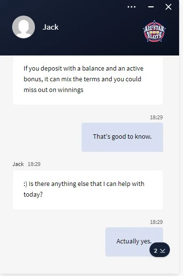 All-start casino James testing customer support screenshot 7