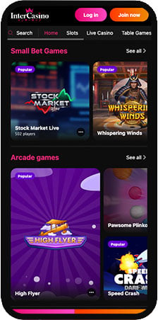 InterCasino Homepage in Mobile